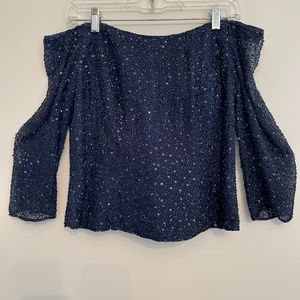 Navy Blue Jovani Beaded 3/4 Sleeve Top and Matching Four Tier Chiffon Skirt